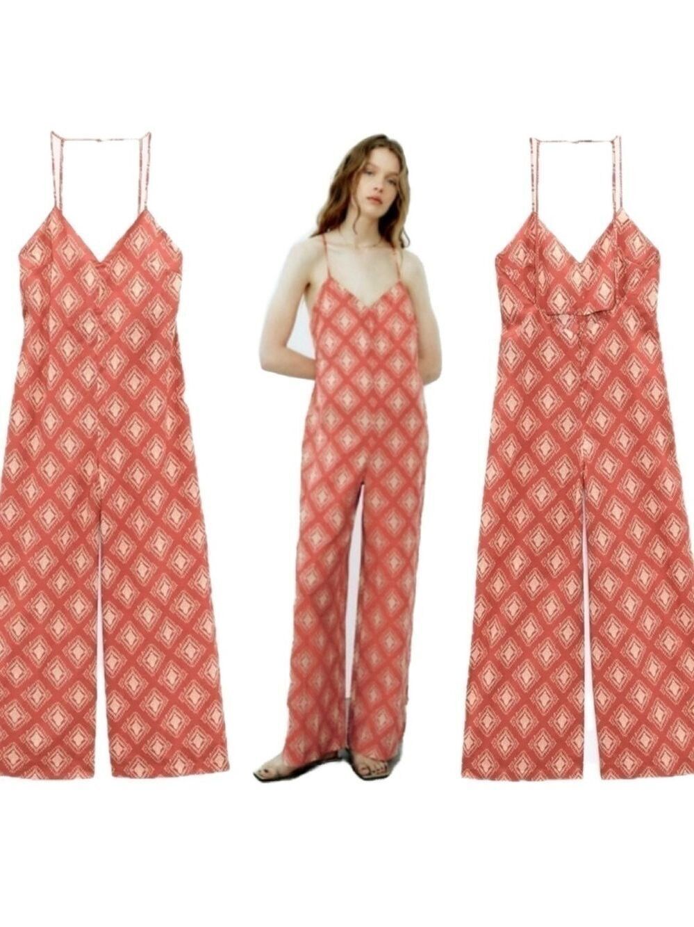 Zara red cream all over print spaghetti strap V-neck wide leg open back jumpsuit